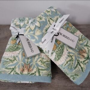 Set of 4 William Morris & Co Velour Strawberry Thief Green Hand Towels